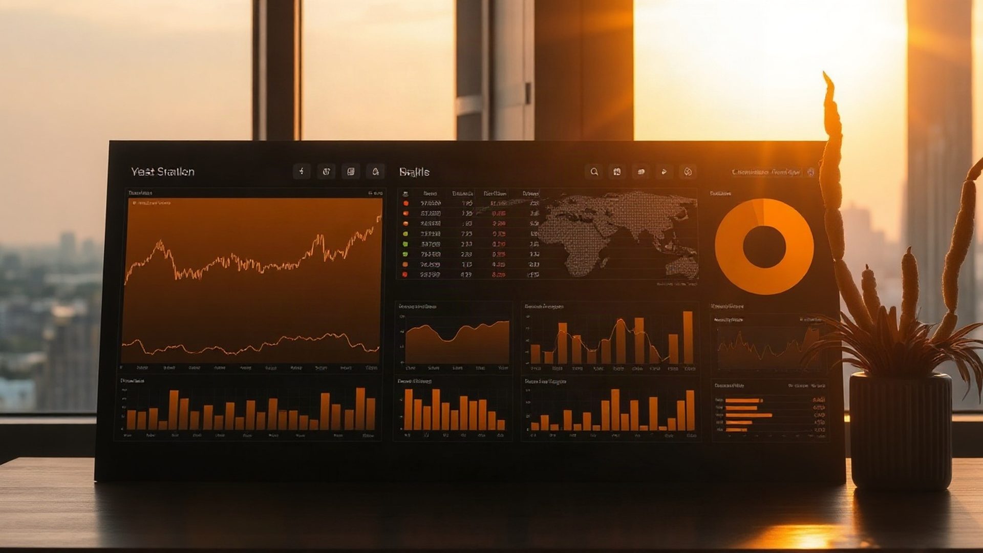 Financial data dashboard rendered in charcoal and gold tones