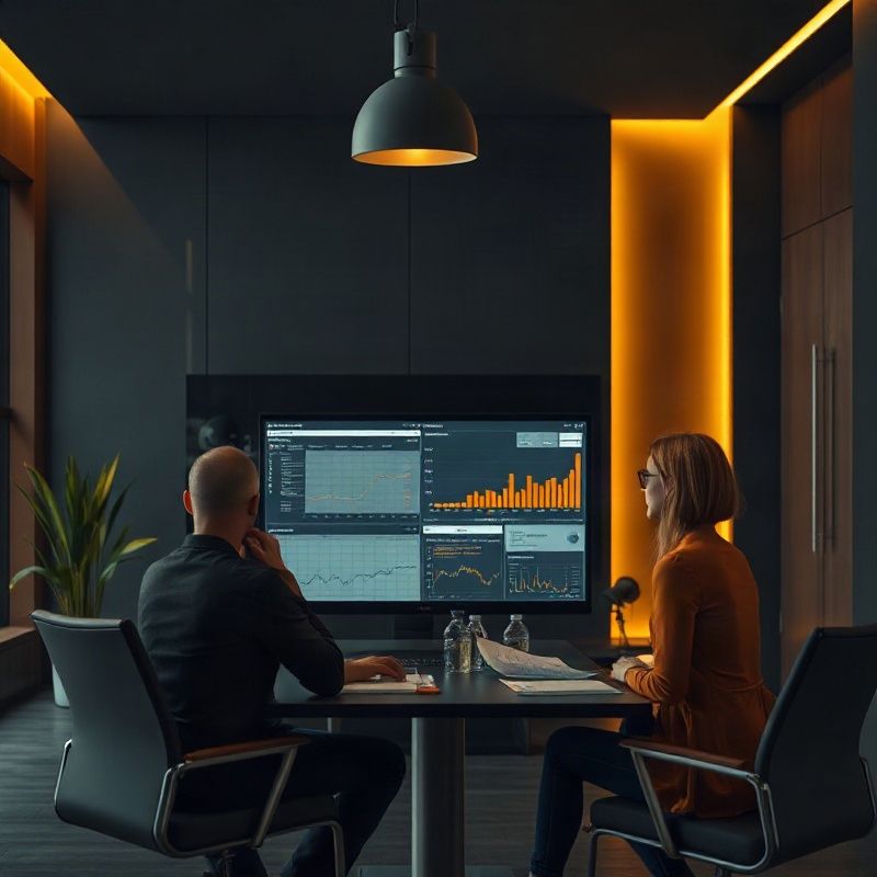 Pandaspanda editorial team working around a data-filled screen in a charcoal-toned office